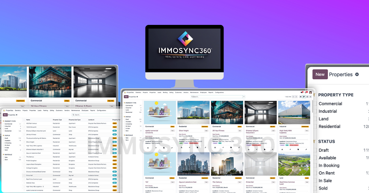 Interface de gestion de projet ImmoSync 360 montrant la chronologie de développement et les détails des propriétés
