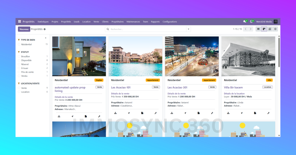 Interface du portail des parties prenantes ImmoSync 360 montrant le tableau de bord de l'investisseur avec mises à jour et documents