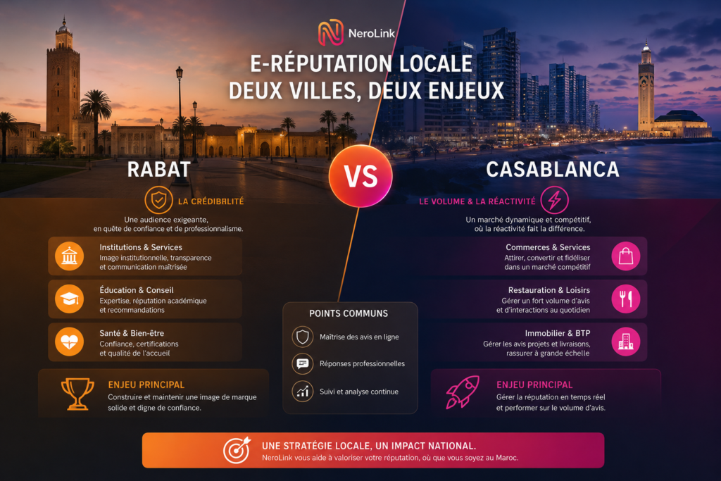 Visuel split Rabat / Casablanca illustrant les enjeux e-réputation distincts des deux villes.
