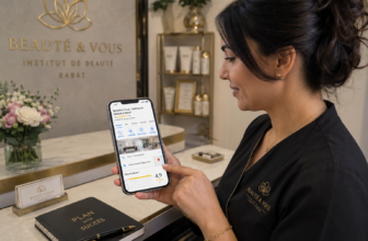 Gérante d'institut de beauté à Rabat consultant sa fiche Google Business Profile sur mobile